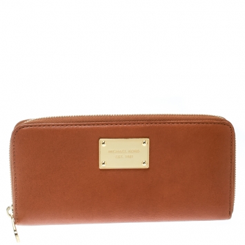 Pre Owned Michael Kors Brown Leather Jet Set Zip Around Wallet