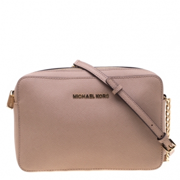Pre Owned Michael Kors Beige Leather Jet Set Crossbody Bag