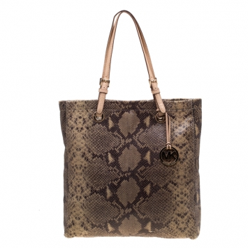 Pre Owned Michael Michael Kors Beige Python Embossed Leather Shopper Tote