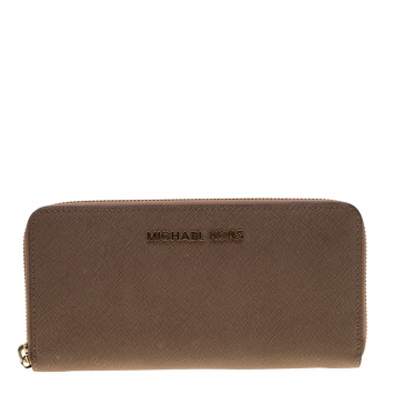 Pre Owned Michael Kors Light Brown Saffiano Leather Zip Around Wallet