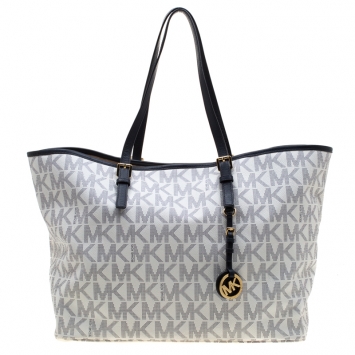 Pre Owned Michael Kors White/Blue Signature Coated Canvas Jet Set Tote