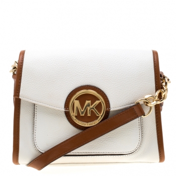 Pre Owned Michael Kors White/Brown Leather Fulton Flap Crossbody Bag
