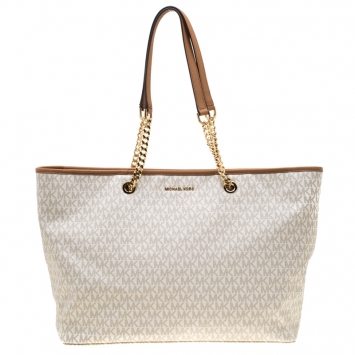 Pre Owned Michael Kors White/Brown Signature Coated Canvas Jet Set Travel Tote