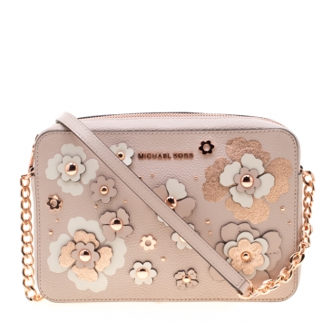 Pre Owned Michael Kors Beige Leather Jet Set Floral Embellished Crossbody Bag
