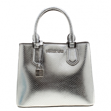 Pre Owned Michael Kors Silver Metallic Snakeskin Embossed Leather Medium Adele Tote
