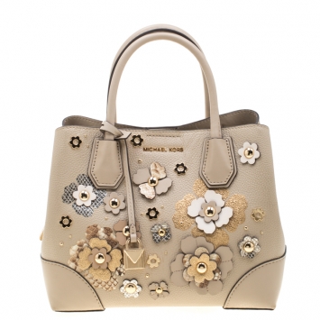 Pre Owned Michael Kors Beige Floral  Leather Mercer Satchel 