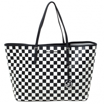 Pre Owned Michael Kors Black/White Saffiano Leather Jet Set Checkered Tote