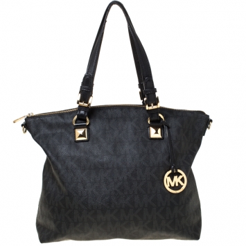 Pre Owned MICHAEL Michael Kors Black Signature Coated Canvas and Leather Tote