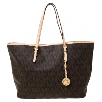 Pre Owned Michael Kors Brown Signature Coated Canvas Jet Set Tote