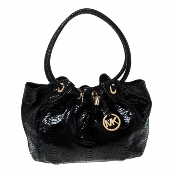 Pre Owned Michael Kors Black Python Embossed Patent Leather Ring Shoulder Bag