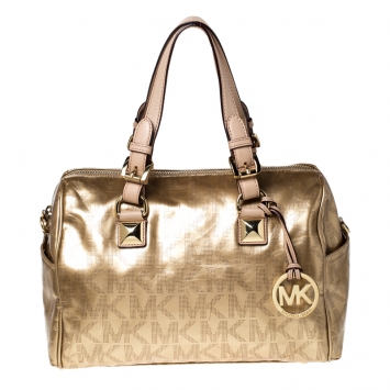 Pre Owned MICHAEL Michael Kors Gold Signature Patent Leather Grayson Satchel