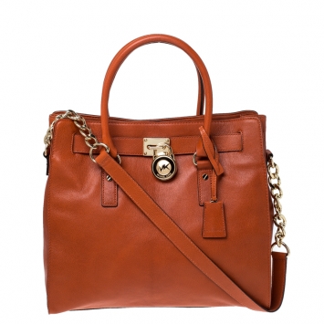 Pre Owned Michael Michael Kors Orange Leather East West Hamilton Tote