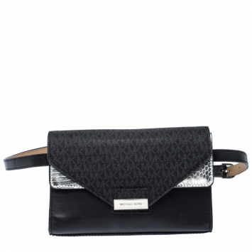 Pre Owned Michael Kors Black/Silver Signature Canvas and Python Embossed Leather Fanny Pack Belt Bag