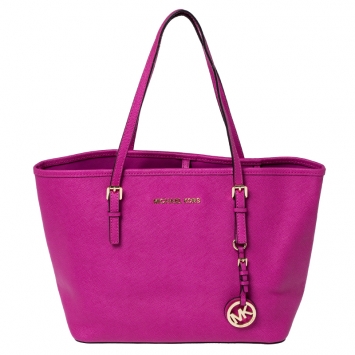 Pre Owned Michael Michael Kors Hot Pink Saffiano Leather Small Jet Set Travel Tote