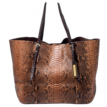 Pre Owned Michael Kors Brown Python Embossed Leather Gia Tote