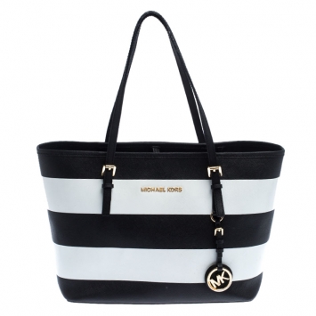 Pre Owned Michael Kors Black/White Stripe Saffiano Leather Small Jet Set Tote