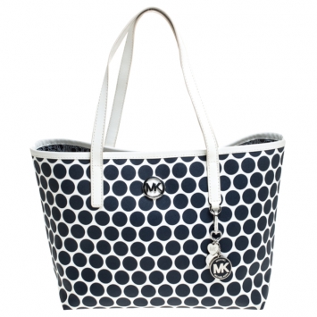 Pre Owned MICHAEL Michael Kors Blue/White Polka Dot Coated Canvas Small Travel Tote