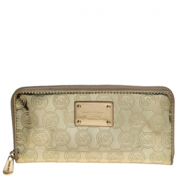 Pre Owned Michael Kors Gold Monogram Patent Leather Jet Set Zip Around Wallet
