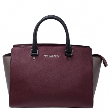Pre Owned Michael Kors Burgundy/Grey Saffiano Leather Medium Selma Tote