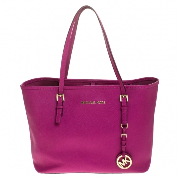Pre Owned Michael Michael Kors Hot Pink Saffiano Leather Small Jet Set Travel Tote