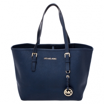Pre Owned Michael Kors Navy Blue Saffiano Leather Small Jet Set Travel Tote
