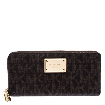 Pre Owned Michael Kors Brown Signature Coated Canvas Zip Around Wallet