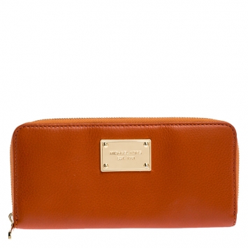 Pre Owned Michael Kors Orange Leather Zipped Around Wallet 