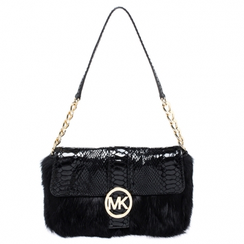 Pre Owned Michael Kors Black Python Embossed Leather and Faux Fur Fulton Shoulder Bag