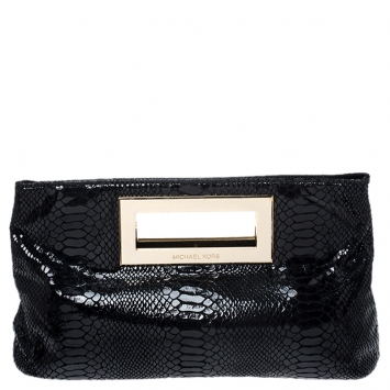 Pre Owned Michael Kors Black Glazed Python Embossed Leather Berkley Clutch