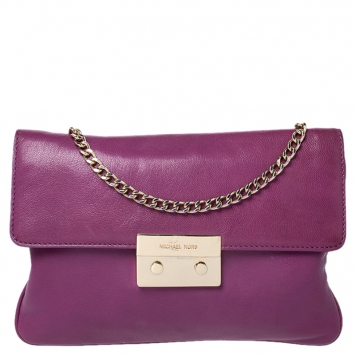 Pre Owned Michael Kors Purple Leather Flap Shoulder Bag