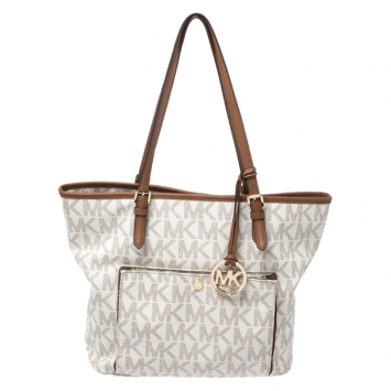 Pre Owned Michael Kors Off White Signature Coated Canvas Jet Set Snap Pocket Tote