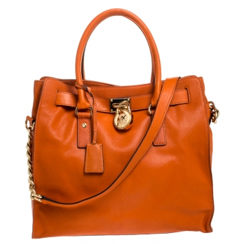Pre Owned MICHAEL Michael Kors Orange Leather Large Hamilton North South Tote