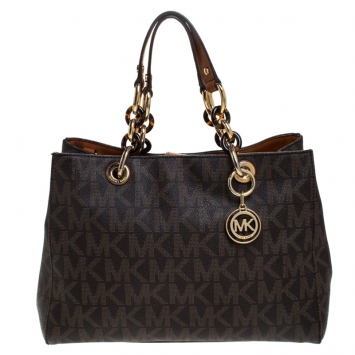 Pre Owned MICHAEL Michael Kors Brown Signature Coated Canvas Cynthia Tote