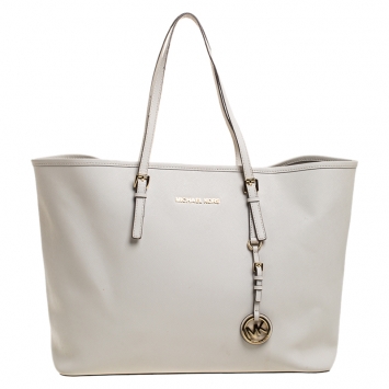 Pre Owned Michael Kors Cream Leather Jet Set Travel Tote