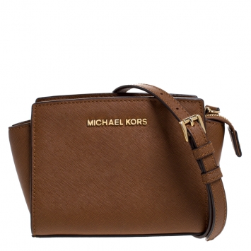 Pre Owned Michael Kors Brown Saffiano Leather Mini Selma Crossbody Bag