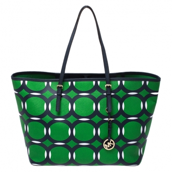 Pre Owned Michael Kors Green Coated Canvas Jet Set Deco Travel Tote
