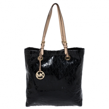Pre Owned Michael Michael Kors Black Monogram Patent Leather Jet Set North South Tote
