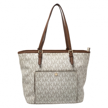 Pre Owned MICHAEL Michael Kors Off White Signature Coated Canvas Jet Set Snap Pocket Tote