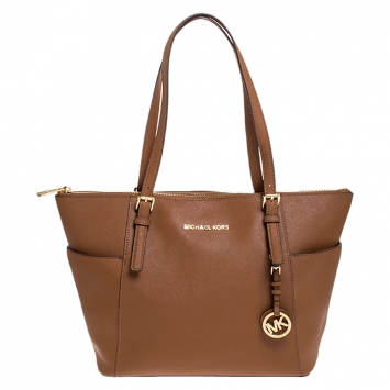 Pre Owned Michael Michael Kors Brown Saffiano Leather Jet Set Top Zip Tote