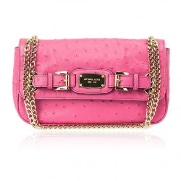 Pre Owned Michael Kors Pink Ostrich Embossed Shoulder Flap Bag
