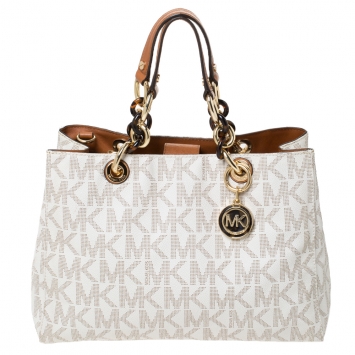 Pre Owned MICHAEL Michael Kors Off White Coated Canvas Small Cynthia Tote