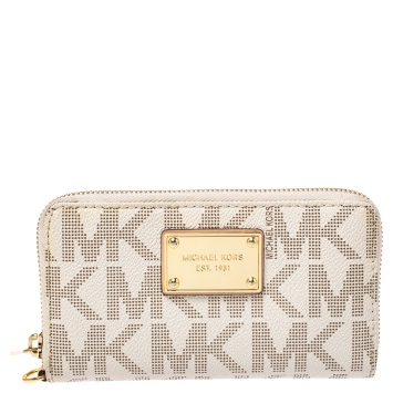 Pre Owned Michael Kors Beige Coated Canvas Zip Around Wallet