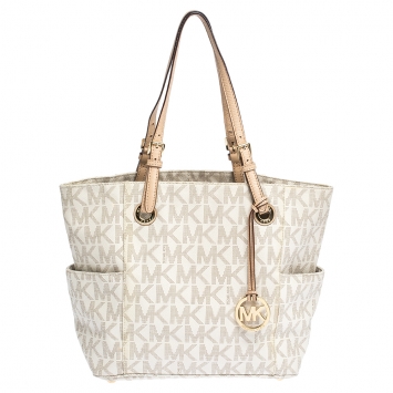 Pre Owned MICHAEL Michael Kors Off White/Beige Signature Coated Canvas and Leather Jet Set East West Tote