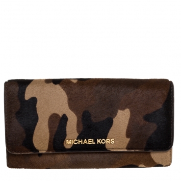 Pre Owned Michael Kors Khaki Camo Print Calfhair Flap Continental Wallet