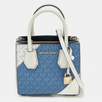 Pre Owned Michael Kors White/Blue Monogram Coated Canvas and Leather Mercer Tote