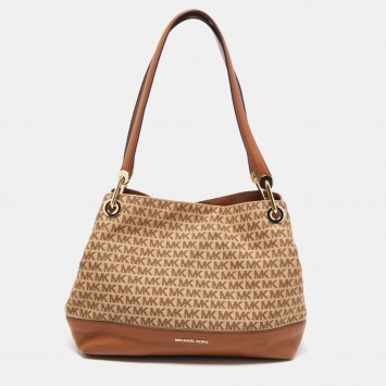 Pre Owned Michael Kors Brown/Beige Signature Canvas and Leather Raven Tote 