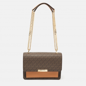 Pre Owned Michael Kors Brown Signature Coated Canvas and Leather Jade Shoulder Bag