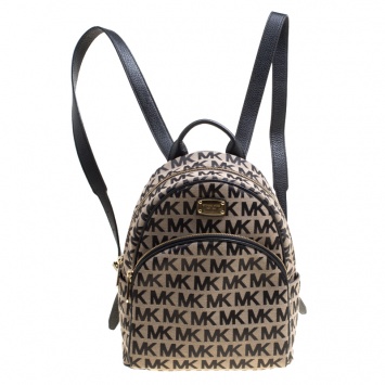 Pre Owned Michael Kors Beige/Black Signature Canvas and Leather Abbey Backpack