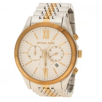 Pre Owned Michael Kors White Gold Tone Stainless Steel Chronograph MK8306 Women's Wristwatch 45 mm