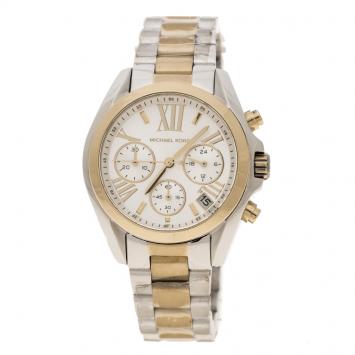 Pre Owned Michael Kors Silver White Two Tone Stainless Steel Bradshaw MK5974 Chronograph Women's Wristwatch 37 mm